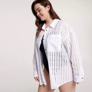 CALIA Women's Oversized Long Sleeve Button Down Swim Cover Up White Size Large